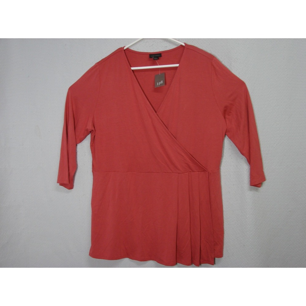 New J. Jill Wearever Faux Wrap Tunic Top Cardinal Soft Stretch Sz L Pleated Hem